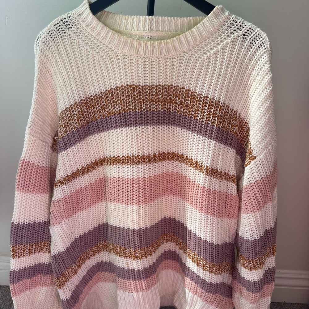 Aeropostale Striped Open-Knit Crew Sweater in Pink, Lavender & Cream